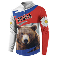 Russia button sweatshirt with bear portrait and chamomile flowers on red and white sleeves
