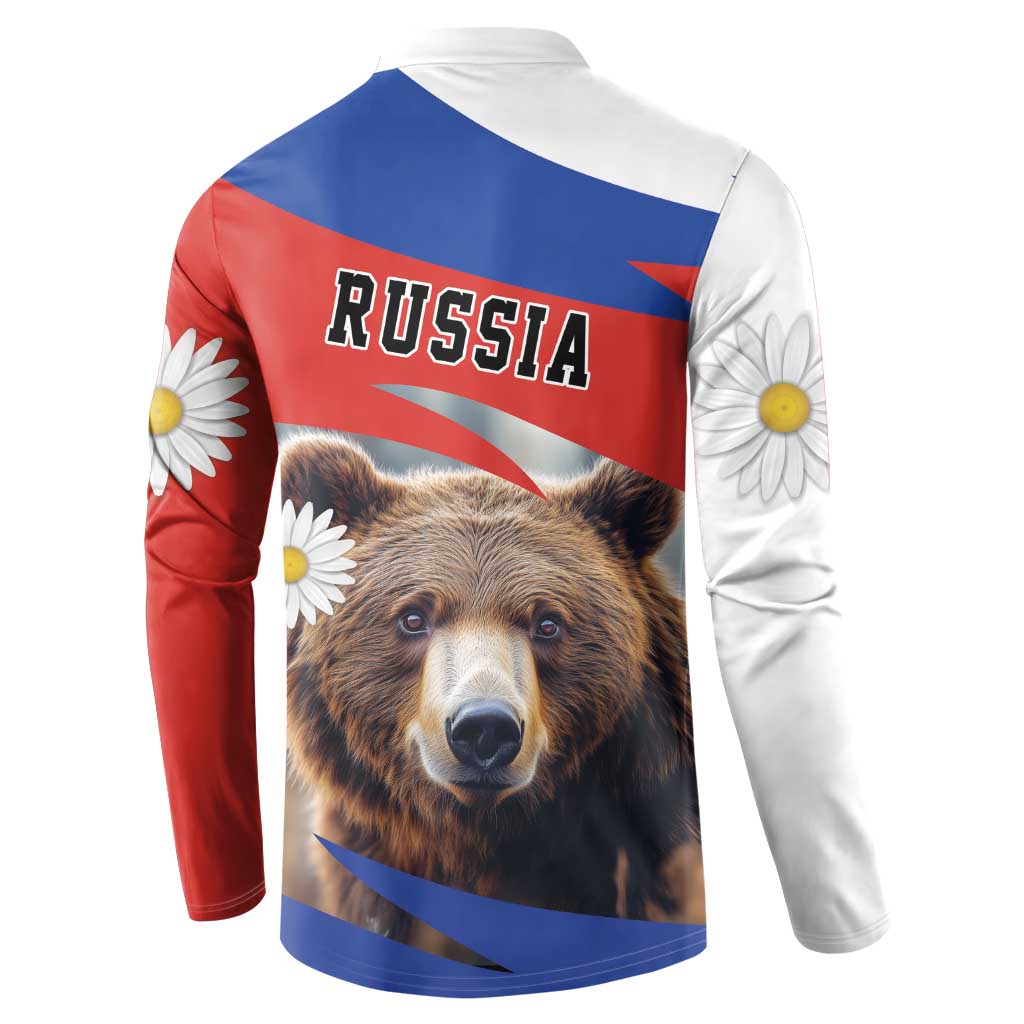 Russia button sweatshirt back print with bear portrait and chamomile flowers, red/white/blue