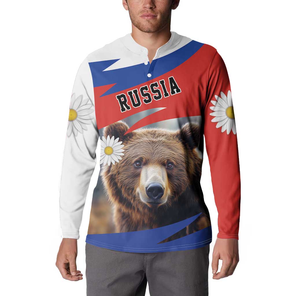 Russia button sweatshirt with brown bear and chamomile flower print, red/white/blue
