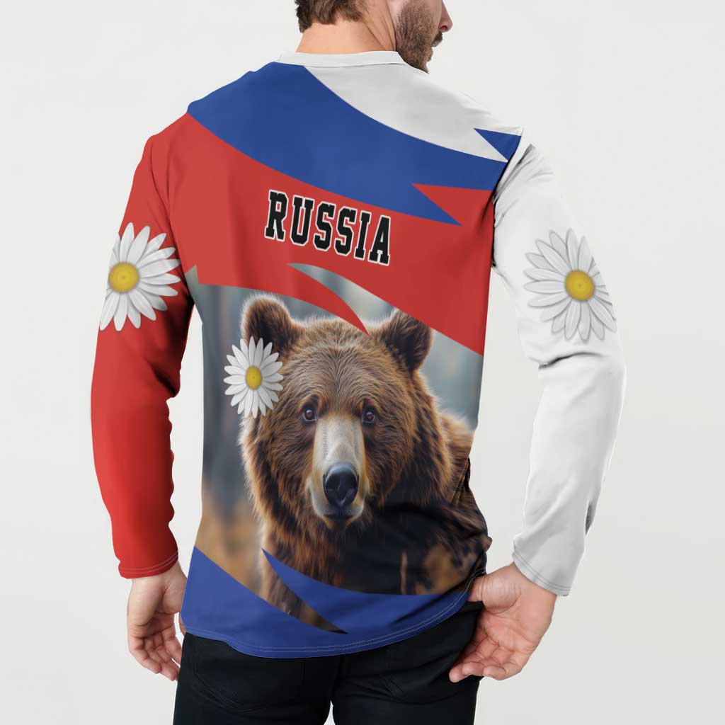 Back of Russia button sweatshirt with bear portrait and chamomile flower accents, red/white/blue