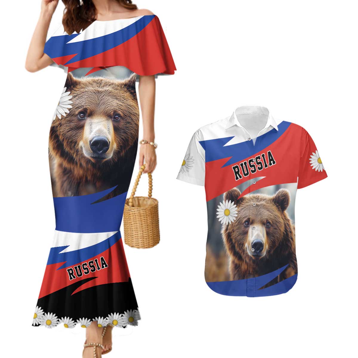 Russia Brown Bear and Chamomile Flower Couples Matching Mermaid Dress and Hawaiian Shirt