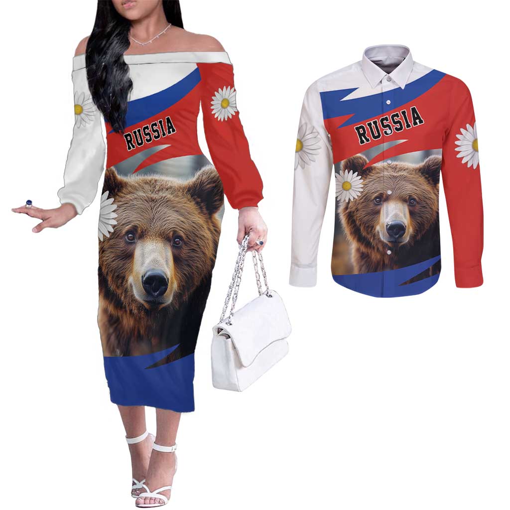 Russia Brown Bear and Chamomile Flower Couples Matching Off The Shoulder Long Sleeve Dress and Long Sleeve Button Shirt