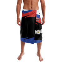 Black Russia graphic lavalava sarong with daisy flowers and blue-red panels