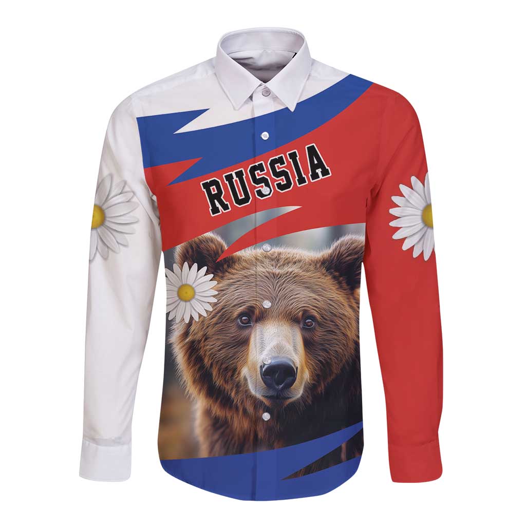 Long-sleeve button shirt with brown bear front graphic, daisies, and 'Russia' text