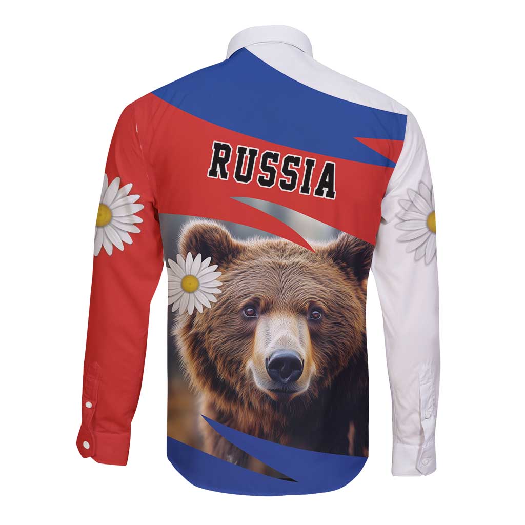 Long-sleeve button shirt with brown bear back graphic, daisies, and Russia lettering