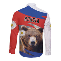 Long-sleeve button shirt with brown bear back graphic, daisies, and Russia lettering