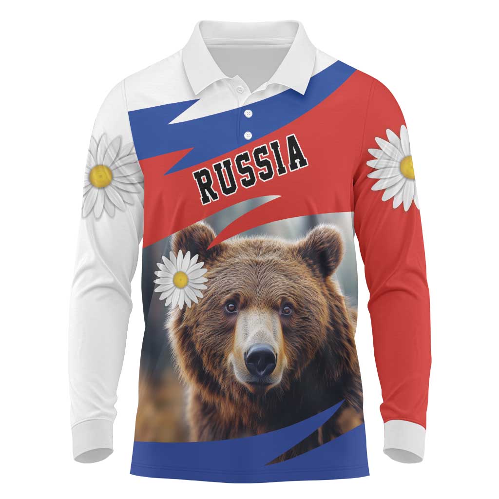 Russia Brown Bear and Chamomile Flower Long Sleeve Polo Shirt LT17 - Wonder Print Shop