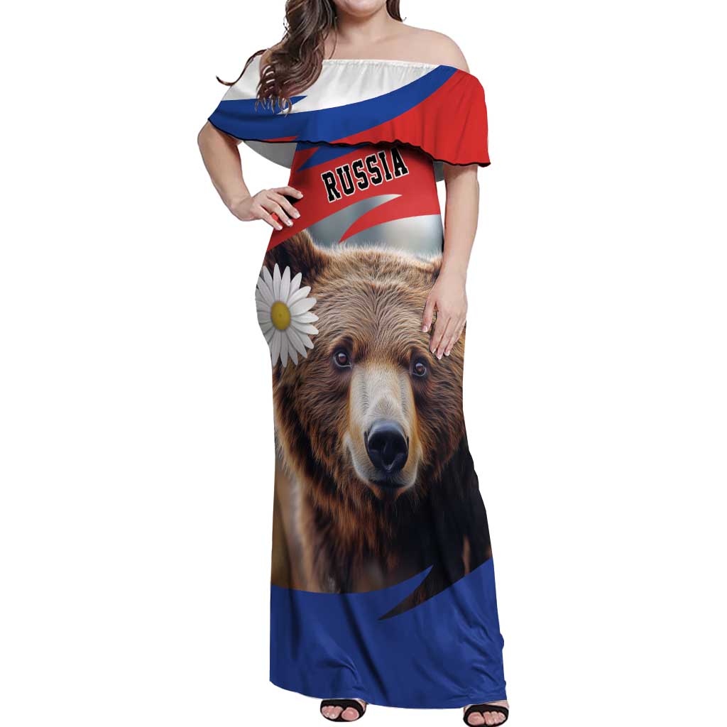 Russia Brown Bear and Chamomile Flower Off Shoulder Maxi Dress LT17 - Wonder Print Shop