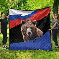 Oversized quilt blanket with Russian flag colors and brown bear portrait, quilted texture