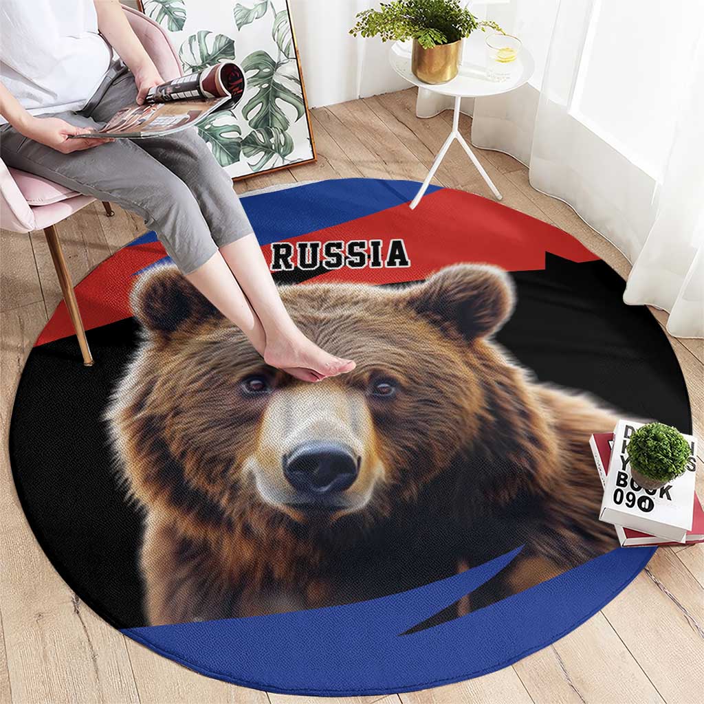 Round rug with brown bear face and RUSSIA text, red black and blue full circular design