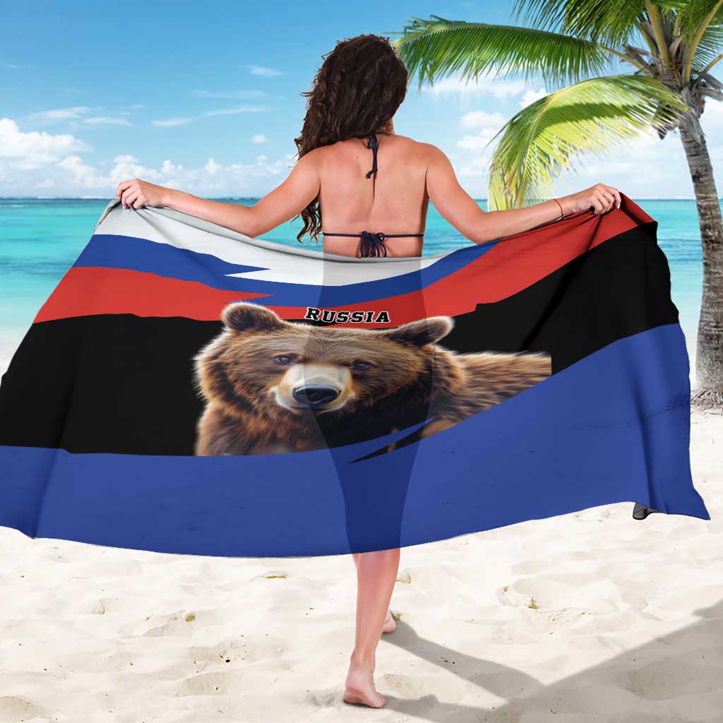 Brown bear print sarong with RUSSIA text, red white and blue flag design