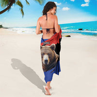 Brown bear portrait sarong in red, white, and blue with RUSSIA lettering