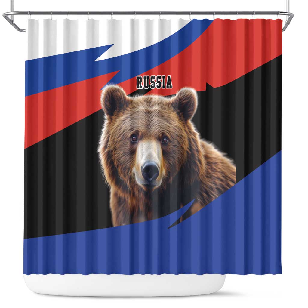 Shower curtain with brown bear portrait and Russia flag graphic