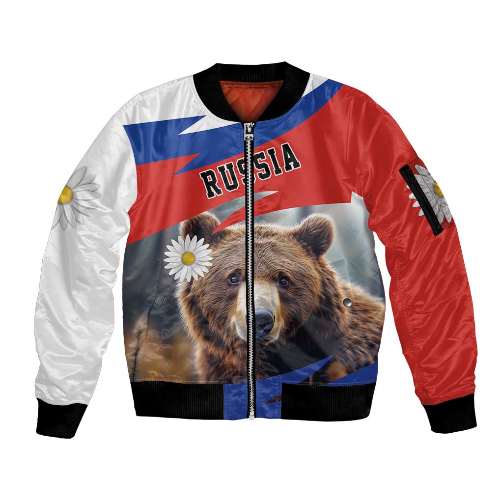 Russia Brown Bear and Chamomile Flower Sleeve Zip Bomber Jacket LT17 - Wonder Print Shop