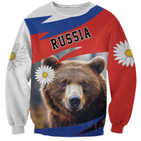 Unisex crewneck sweatshirt with bear face, RUSSIA text, and daisies on red/blue panels
