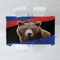 Printed tablecloth with bear portrait and “RUSSIA” text on blue, red, and black stripes