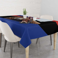 Bear portrait tablecloth with blue drop edges and a black-and-red graphic band across the top