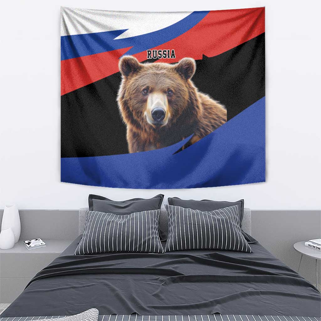 Brown bear tapestry with Russia flag design and 'RUSSIA' text, wall-hanging