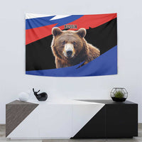Russia bear tapestry with flag pattern and 'RUSSIA' text, wall-hanging