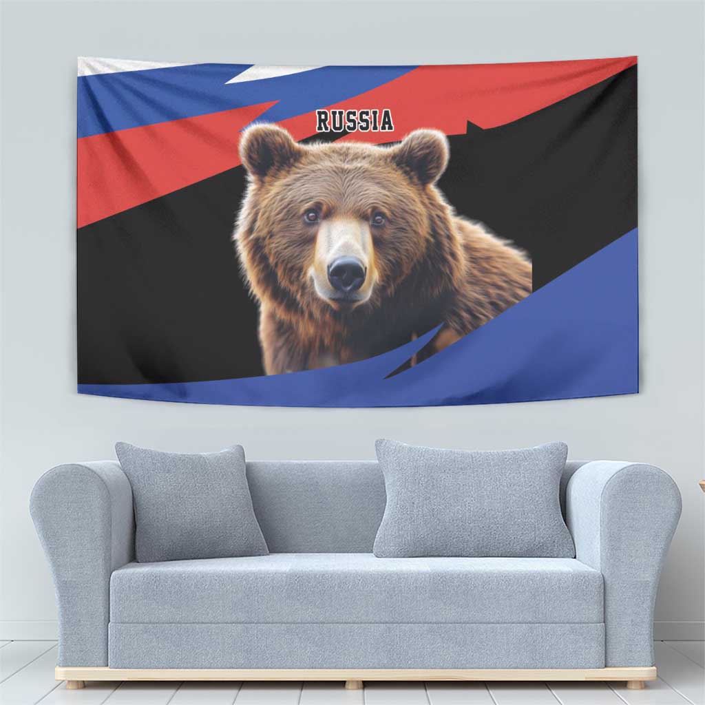 Brown bear tapestry featuring Russia flag colors and bear face, wall-hanging
