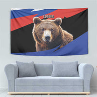 Brown bear tapestry featuring Russia flag colors and bear face, wall-hanging
