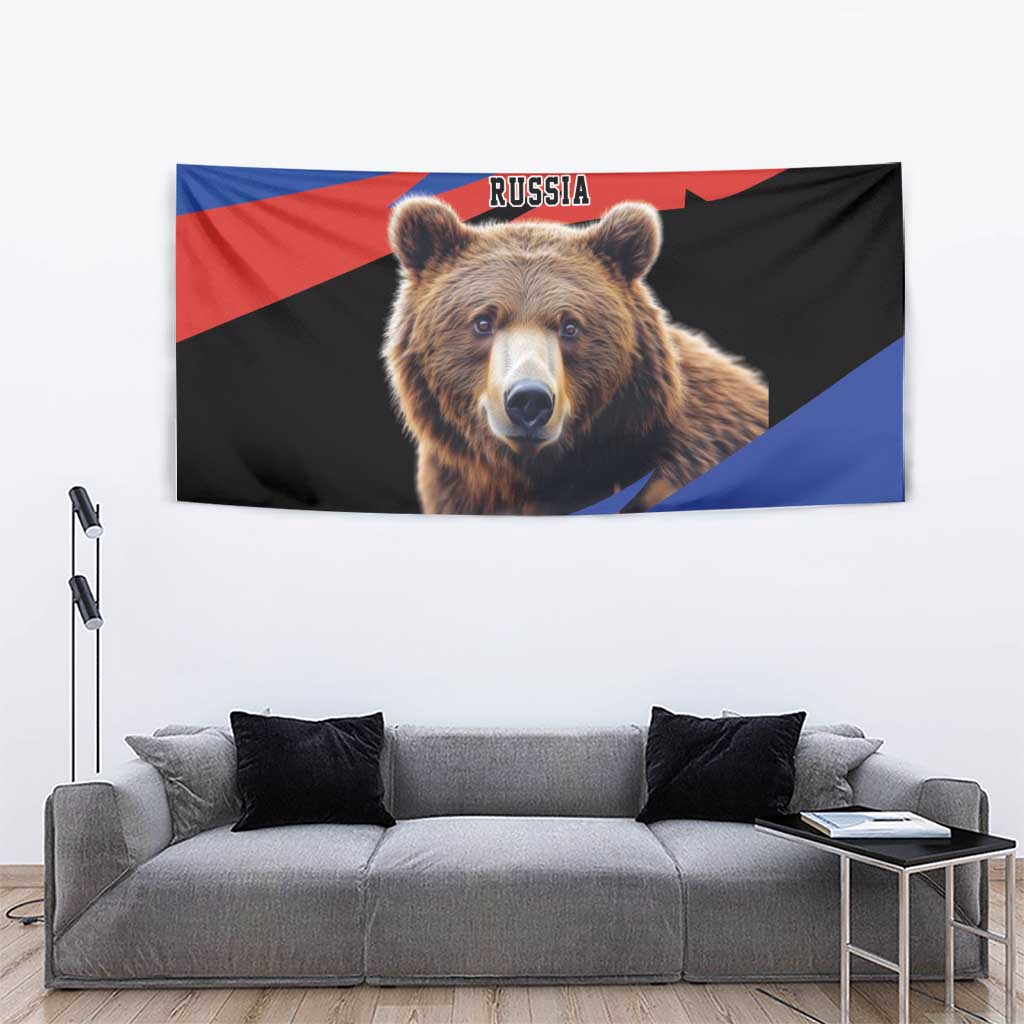 Brown bear tapestry with Russia flag and bear portrait, rectangular wall decor