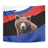 Brown bear tapestry with Russia flag design and 'RUSSIA' label, close view