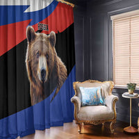 Brown bear window curtain with Russia-flag red, blue, and black stripes and bear portrait