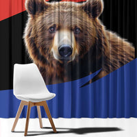 Close-up brown bear window curtain panel with Russia-flag stripes and bear head centered