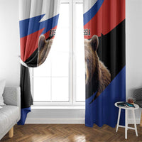 Brown bear window curtain pair with Russia-flag red, blue, and black blocks beside a window