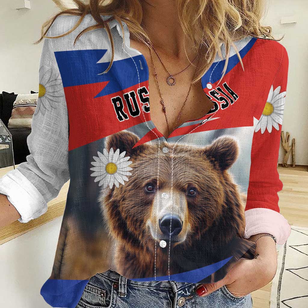 Russia Brown Bear and Chamomile Flower Women Casual Shirt LT17 - Wonder Print Shop