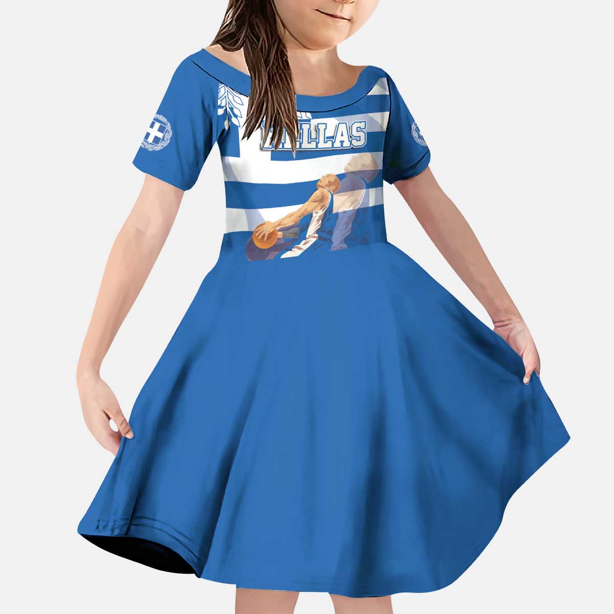 Custom Greece Basketball Kid Short Sleeve Dress Sporty Style with Laurel