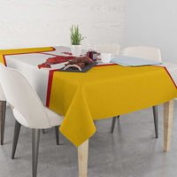 Yellow-over-white basketball tablecloth with red striped border and central player