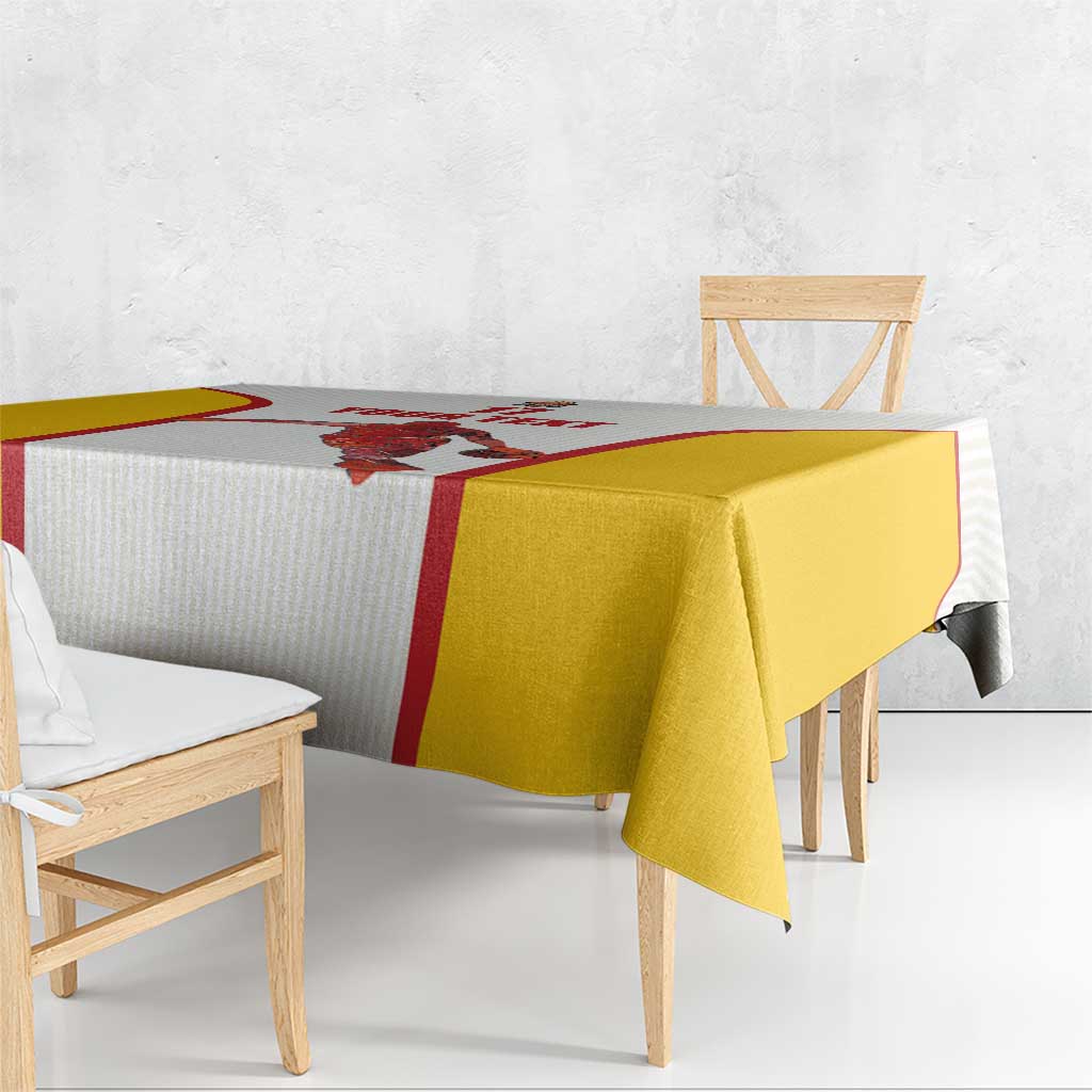 Basketball tablecloth with white striped panel, red border, and yellow hanging edge