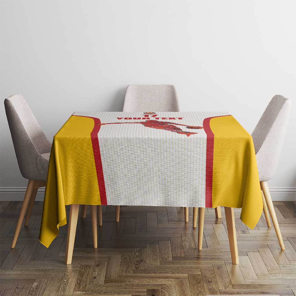 Rectangular basketball tablecloth in yellow and white with red stripe panel