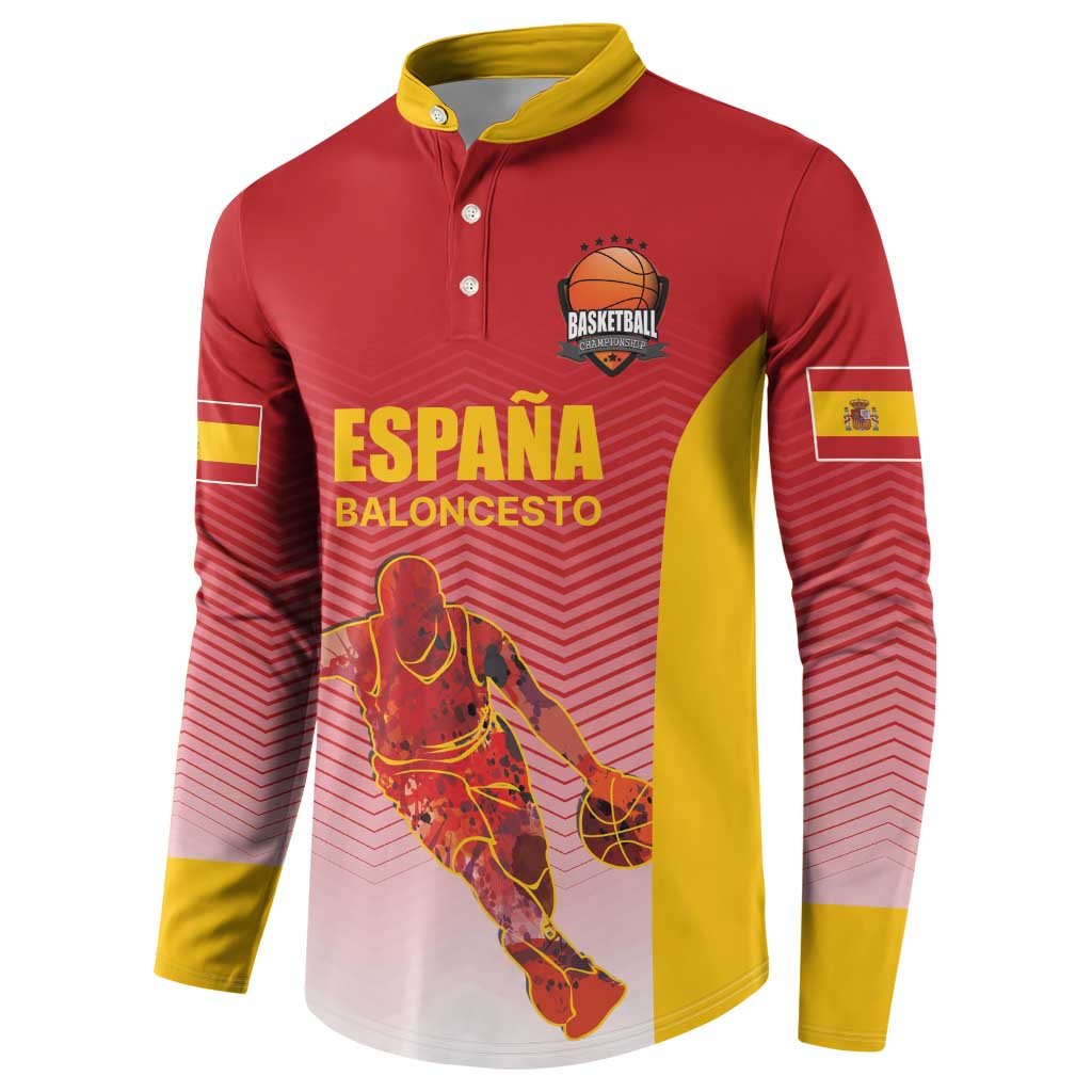 Red basketball button sweatshirt, yellow collar; front player graphic with 'ESPANA'