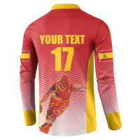 Red basketball button sweatshirt, yellow collar; back 'YOUR TEXT' with number 17