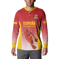 Red basketball button sweatshirt with yellow sleeves; front ESPANA BALONCESTO player print