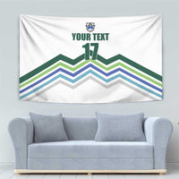 Custom football tapestry with “YOUR TEXT” and 17, green and blue chevron pattern on white