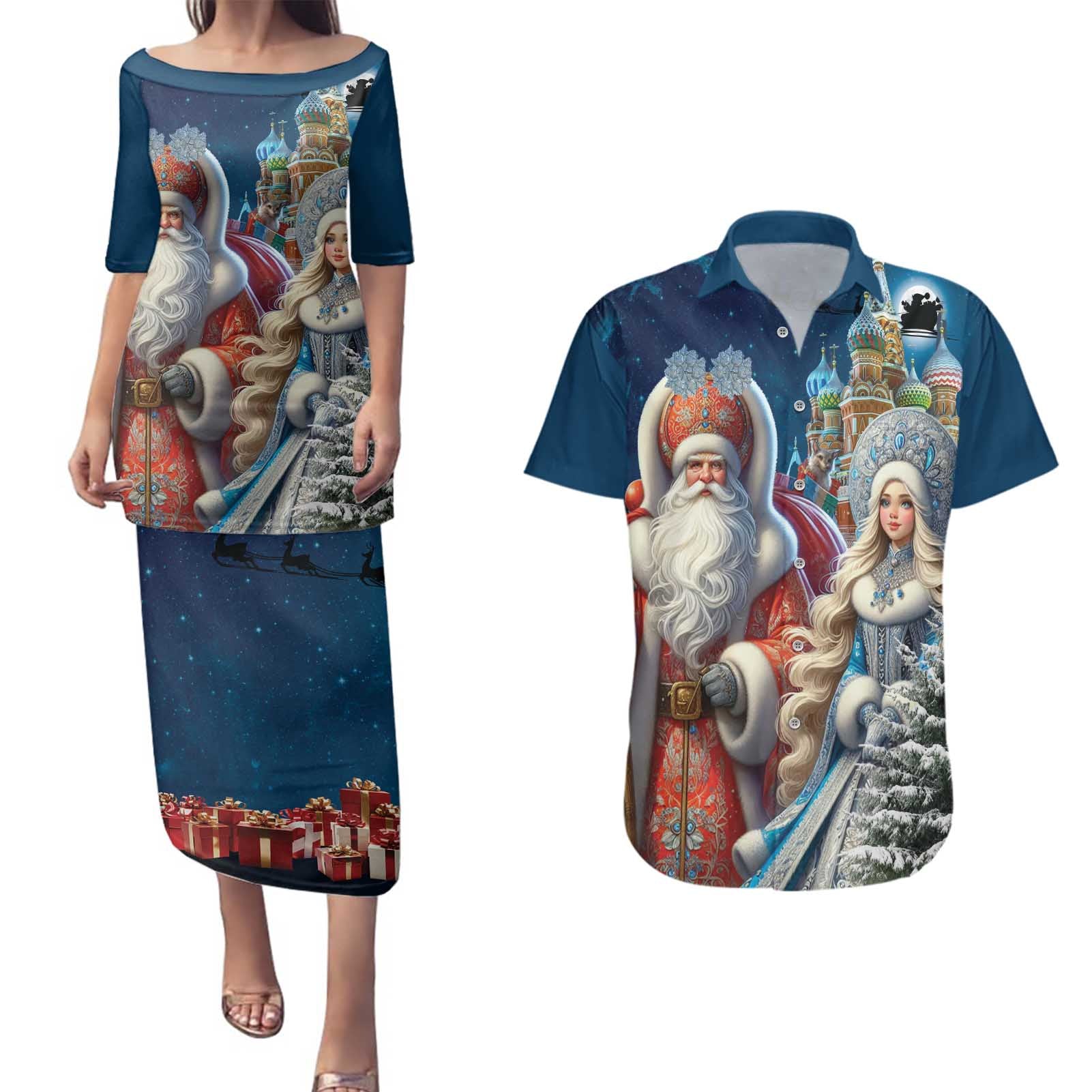 Russia Ded Moroz and Snegurochka Couples Matching Puletasi and Hawaiian Shirt Orthodox Christmas Slavic Mythology