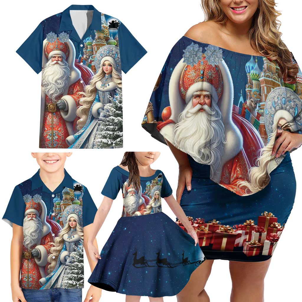 Russia Ded Moroz and Snegurochka Family Matching Off Shoulder Short Dress and Hawaiian Shirt Orthodox Christmas Slavic Mythology LT17 - Wonder Print Shop