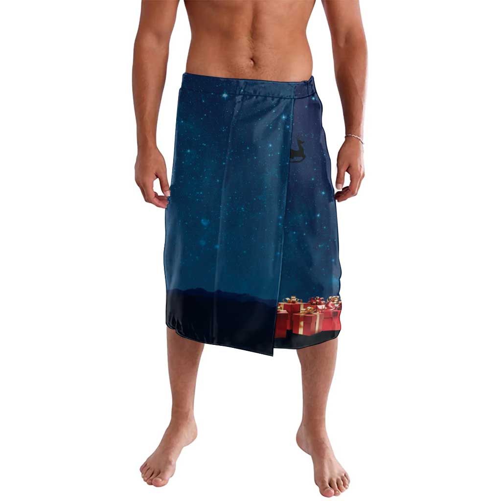 Blue printed lava-lava wrap shorts with elastic waistband, gift border at hem.