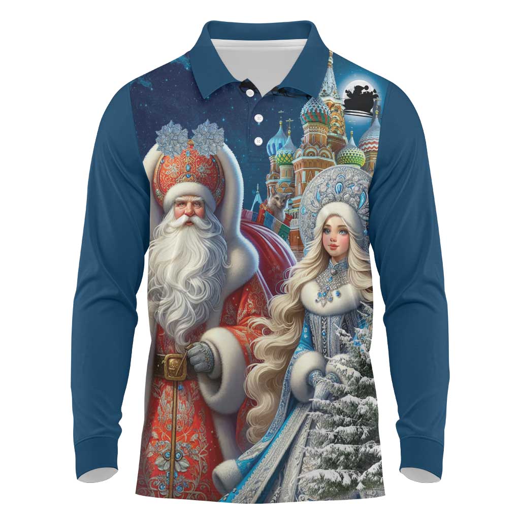 Russia Ded Moroz and Snegurochka Long Sleeve Polo Shirt Orthodox Christmas Slavic Mythology LT17 - Wonder Print Shop