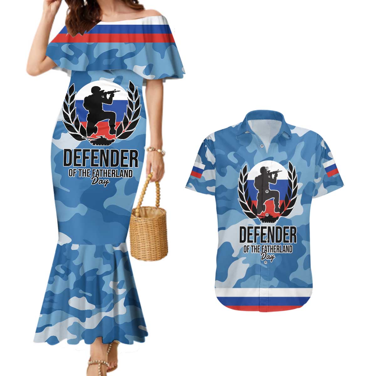 Russia Defender of the Fatherland Day Couples Matching Mermaid Dress and Hawaiian Shirt 23th February