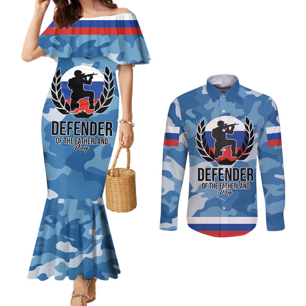 Russia Defender of the Fatherland Day Couples Matching Mermaid Dress and Long Sleeve Button Shirt 23th February