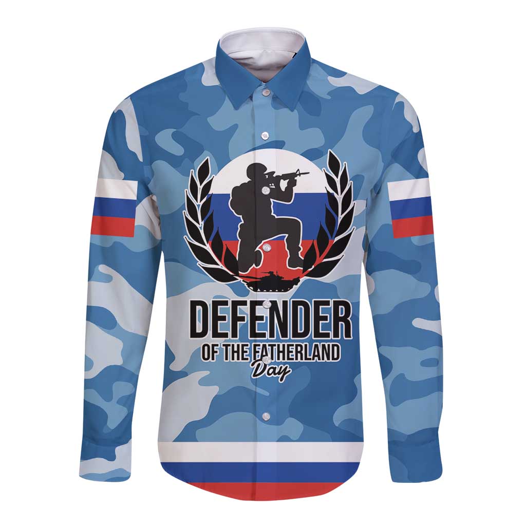 Unisex blue camouflage long-sleeve button shirt with Defender graphic on front