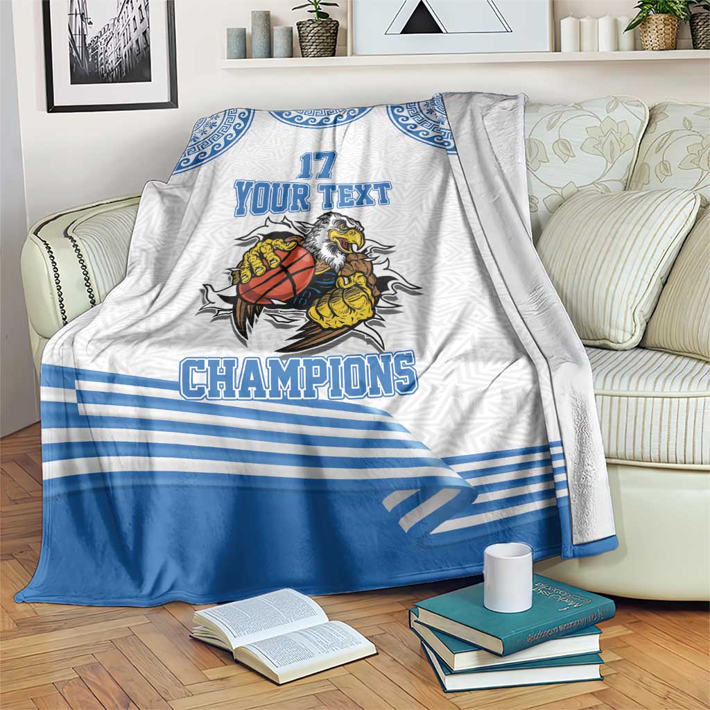 White and blue basketball champions blanket with eagle mascot, number 17, and 'YOUR TEXT'.