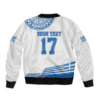White bomber jacket back with Your Text and number 17, blue stripe accents