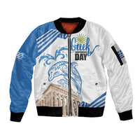 Personalized Greece Greek Independence Day Sleeve Zip Bomber Jacket Dolphin and Parthenon