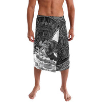 Black and white graphic swim shorts with eagle and Aztec-style patterns